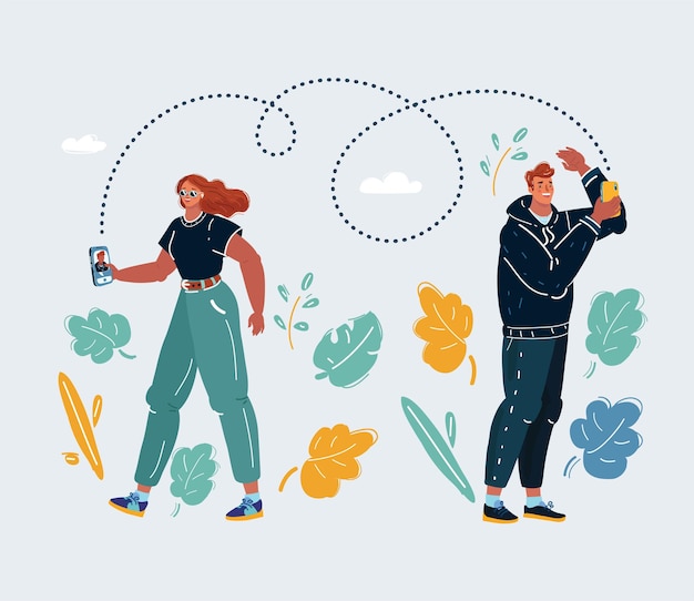 Ilustración vectorial de dibujos animados de relaciones virtuales, citas en línea y concepto de redes sociales, adolescentes chateando en Internet Hombre y mujer con teléfono inteligente