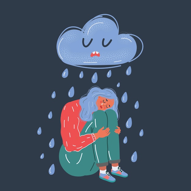 Ilustración vectorial de dibujos animados del retrato de una mujer joven sentada triste bajo una nube lluviosa durante la lluvia Concepto triste infeliz en fondo oscuro