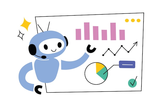 Ilustración vectorial de dibujos animados de robots que presentan datos estadísticos gráficos y diagramas artificiales