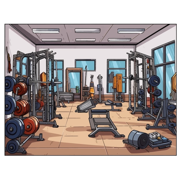 Ilustración vectorial de dibujos animados de la sala de gimnasio dibujada a mano