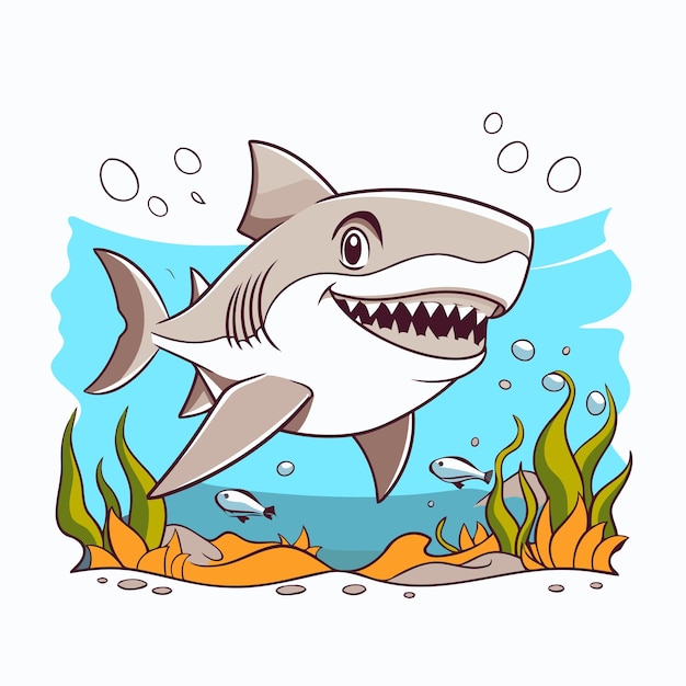 Vector ilustración vectorial de dibujos animados de tiburones tiburón lindo y gracioso en el mar