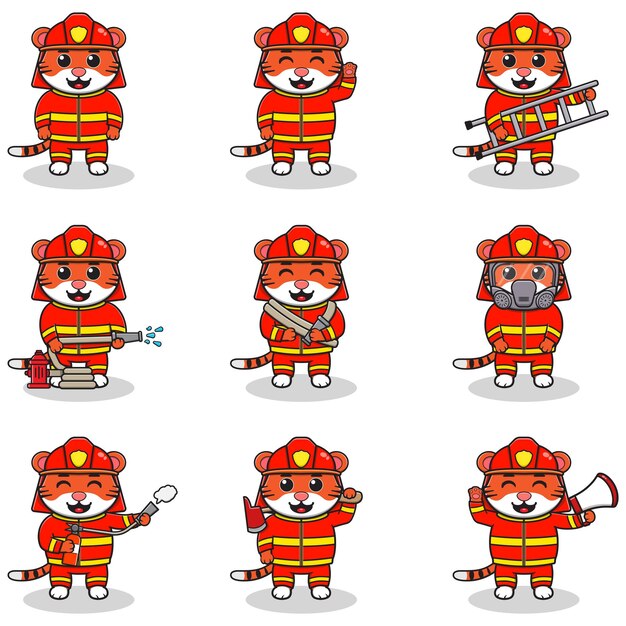 Ilustración vectorial de dibujos animados de Tigre con disfraz de bombero