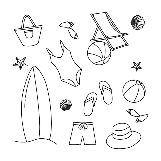 Ilustración vectorial de dibujos coloridos y divertidos de símbolos de verano sillón traje de baño tabla de surf bola
