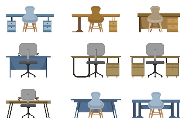 Ilustración vectorial de diferentes conjuntos de mesas y sillas en estilo minimalista