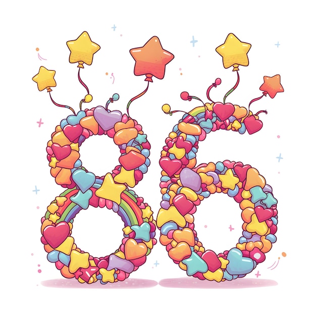 Vector ilustración vectorial del dígito numérico 86 tipografía del número 86 con formas lúdicas y globo