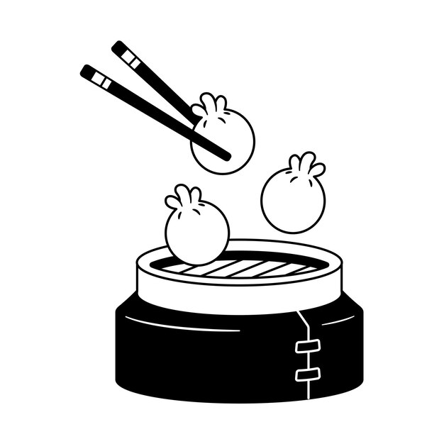 Ilustración vectorial de Dimsum en la vaporera ilustración de comida china Icono blanco y negro Estilo de diseño fondo blanco aislado
