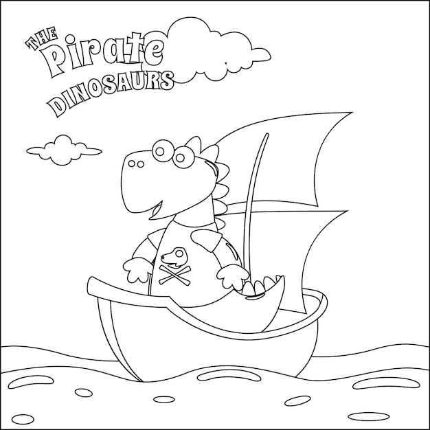 Ilustración vectorial de dinosaurio pirata en un barco en el mar para colorear libro o página