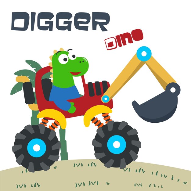 Ilustración vectorial de dinosaurios montando vehículos de construcción con estilo de dibujos animados. Puede usarse para imprimir camisetas. Los niños usan tarjetas de invitación, telas, papel tapiz de guardería y otras decoraciones.