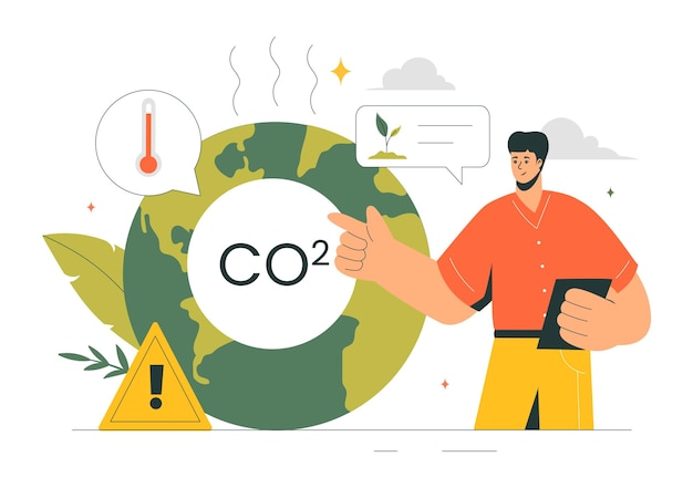 Ilustración vectorial de dióxido de carbono o CO2 que enfatiza la importancia de salvar el planeta Tierra del cambio climático en un fondo de dibujos animados plano