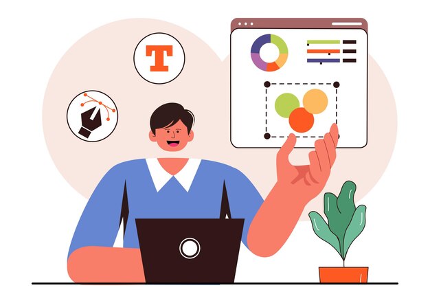 Ilustración vectorial de diseñador gráfico con creatividad y negocios con software de diseño para crear productos de dibujos animados y animación en segundo plano