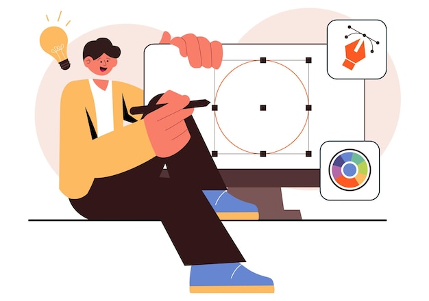 Ilustración vectorial de diseñador gráfico con creatividad y negocios con software de diseño para crear productos de dibujos animados y animación en segundo plano