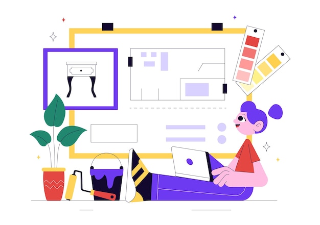 Ilustración vectorial de diseñador de interiores con un decorador profesional planeando el diseño de una habitación eligiendo los colores de las paredes y el estilo de los muebles