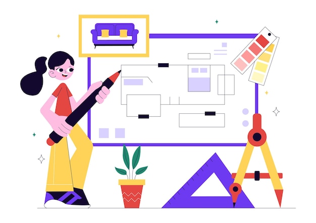 Ilustración vectorial de diseñador de interiores con un decorador profesional planeando el diseño de una habitación eligiendo los colores de las paredes y el estilo de los muebles