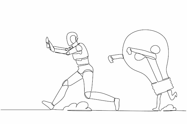 Ilustración vectorial de diseño de bombilla que persigue a un robot estresado con un solo dibujo de línea continua