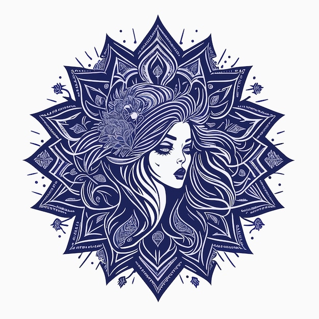 Vector ilustración vectorial y diseño de camiseta grabando un ornamento belleza mujer con fondo de mandala