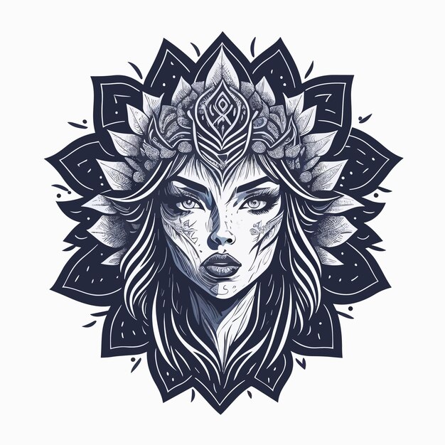 Vector ilustración vectorial y diseño de camiseta grabando un ornamento belleza mujer con fondo de mandala