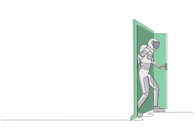 Ilustración vectorial de diseño continuo de una línea de dibujos de astronautas caminando a través de un marco de puerta abierta