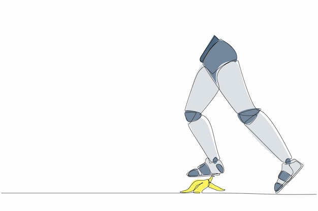 Ilustración vectorial de diseño continuo de una línea del paso de la pierna del robot desafortunado en la cáscara de plátano
