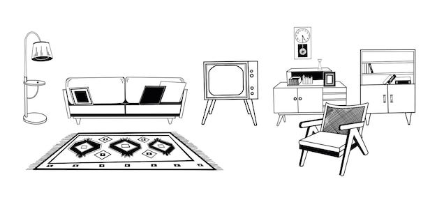 Ilustración vectorial de diseño de interiores vintage piezas de muebles sillón sofá alfombra estantería suelo