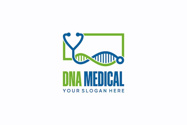 Ilustración vectorial del diseño del logotipo de ADN con una combinación de iconos de estetoscopio en símbolos de línea