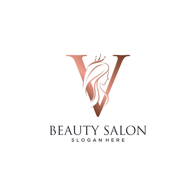 Vector ilustración vectorial del diseño del logotipo de belleza femenina con la letra v y el icono de la corona