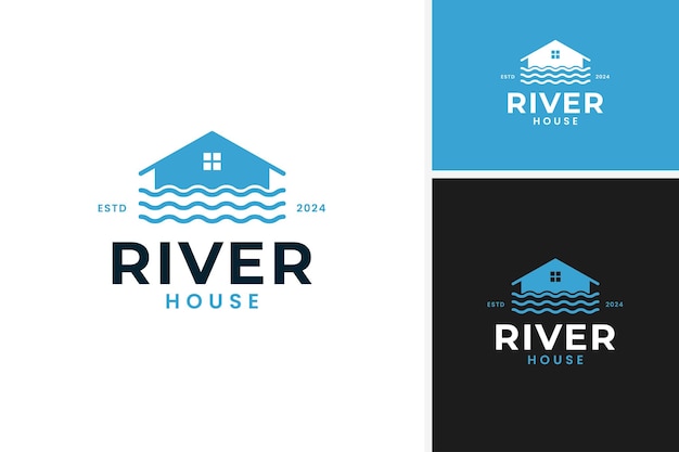 Ilustración vectorial del diseño del logotipo de la casa por río para la marca de la propiedad