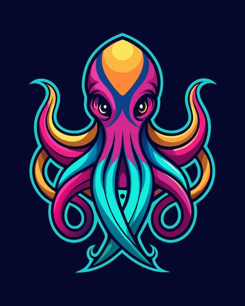 Ilustración vectorial del diseño del logotipo de la mascota de la cabeza de pulpo sobre un fondo azul oscuro