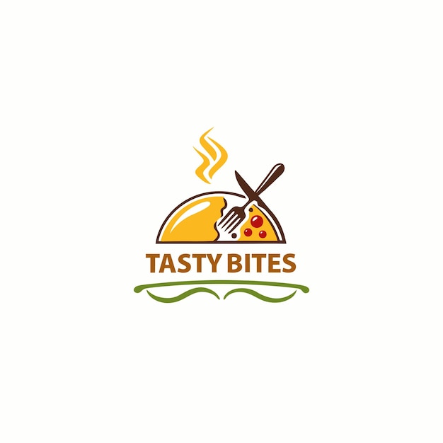Ilustración vectorial diseño del logotipo del restaurante con elemento de pizza de tenedor y cuchara