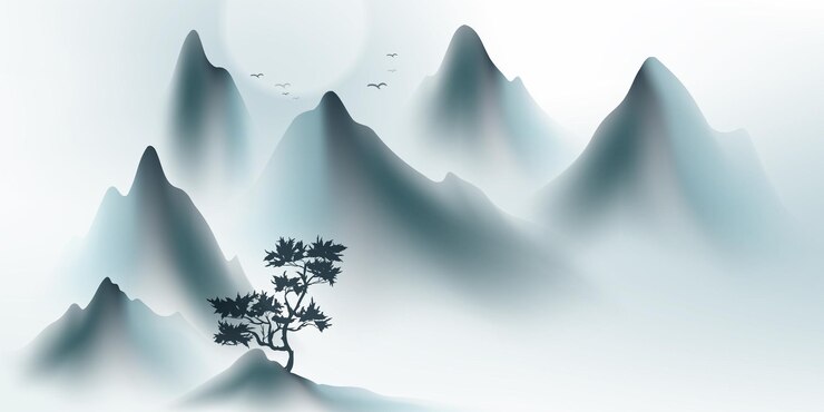 Vector ilustración vectorial de diseño moderno de la hermosa pintura de paisajes con tinta china