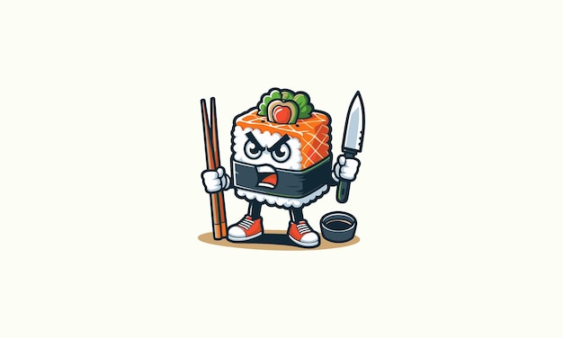 Vector ilustración vectorial de diseño plano de personaje de sushi enojado