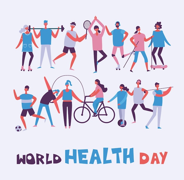 Vector ilustración vectorial en diseño plano de personas en grupo que practican diferentes tipos de deporte día mundial de la salud