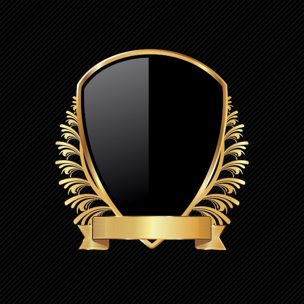 Ilustración vectorial de diseño retro de escudo negro y dorado aislada sobre fondo negro