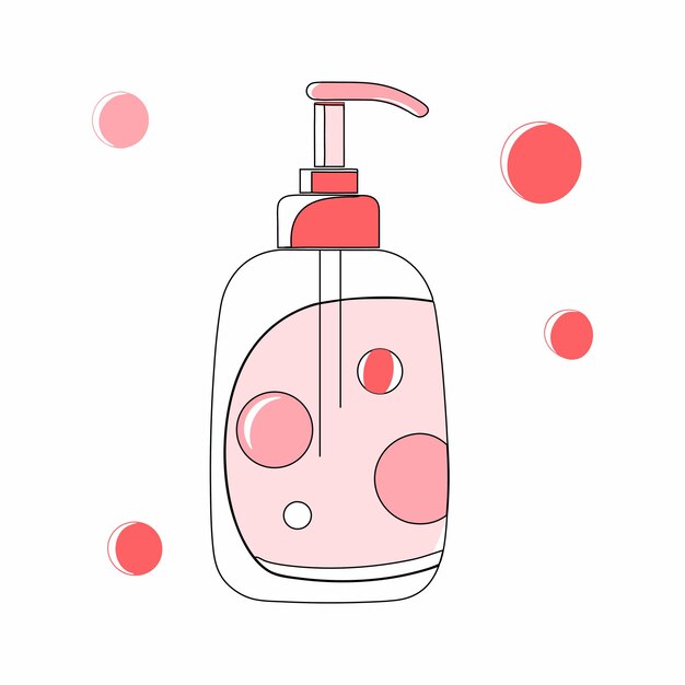 Ilustración vectorial de dispensador de jabón líquido con burbujas y acentos rosados
