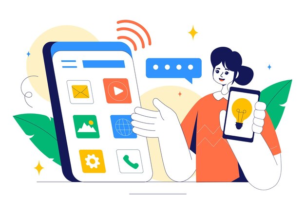 Ilustración vectorial de dispositivos inteligentes con dispositivos de tecnología de Internet conectados a una red en un fondo de dibujos animados de estilo plano