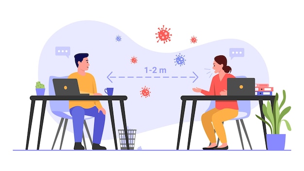 Ilustración vectorial de la distancia con el coronavirus Escena de dibujos animados con el chico y la chica sentados a una distancia el uno del otro para no transmitir el virus en fondo blanco