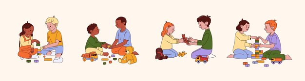 Ilustración vectorial de diversos niños jugando con bloques de juguete y juguetes de peluche en el interior de la habitación del bebé