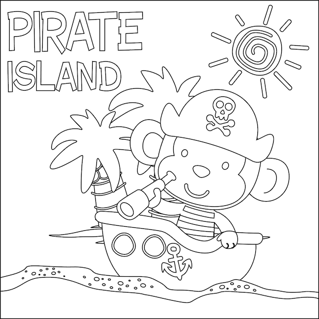 Ilustración vectorial de divertido mono pirata Diseño infantil para actividades infantiles libro o página para colorear