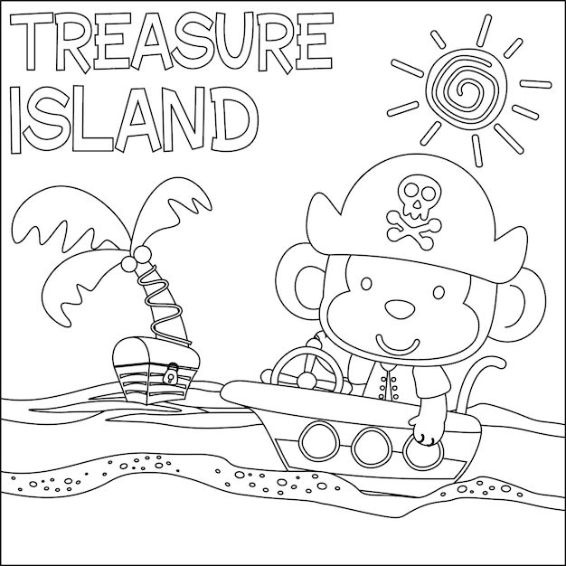 Ilustración vectorial del divertido mono pirata Diseño infantil para niños actividad libro para colorear o página