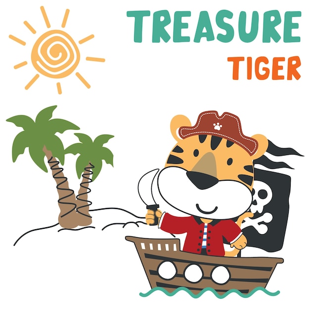 Ilustración vectorial de un divertido pirata tigre adecuado para pegatinas y camisetas, diseño de impresión de camisetas para niños, gráficos de moda y otras decoraciones