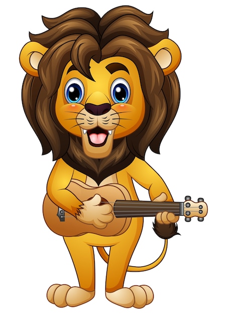 Ilustración vectorial de divertidos dibujos animados de León tocando la guitarra