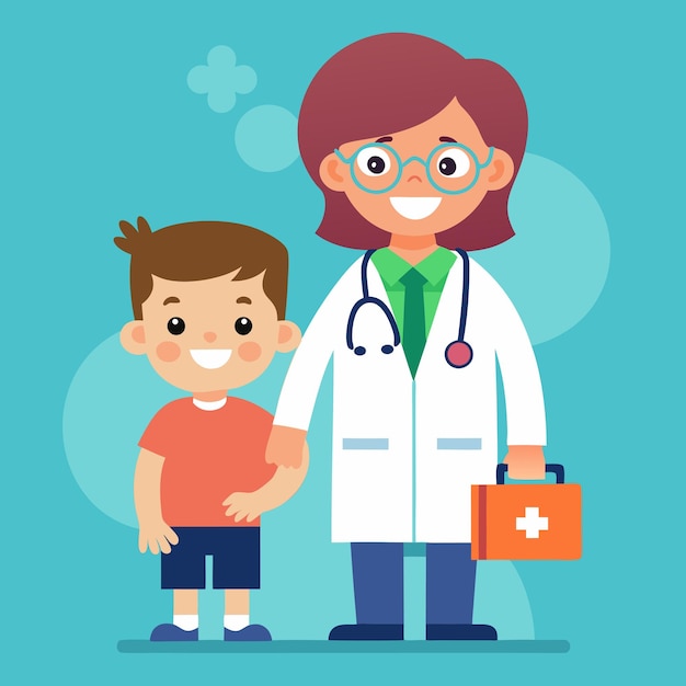 Ilustración vectorial de una doctora con una bata blanca y un niño cerca de la profesión de médico