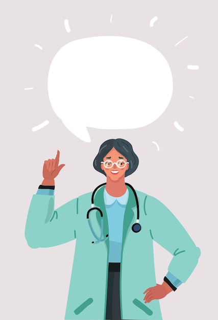 Vector ilustración vectorial de la doctora con burbujas de discurso sobre fondo azul