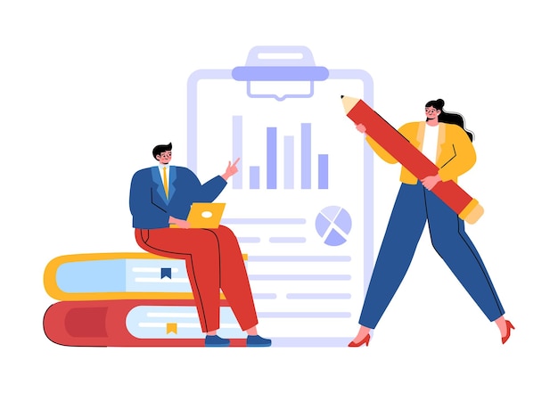 Ilustración vectorial de documentos de auditoría empresarial con gráficos, cálculos contables y análisis de informes financieros en un fondo plano de dibujos animados