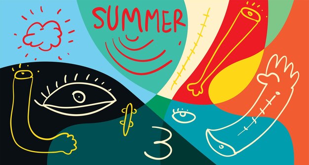 Vector ilustración vectorial de doodle colorido fondo para el banner de las vacaciones de verano 2024