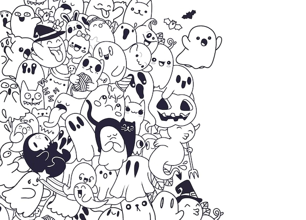 Ilustración vectorial de Doodle fantasmas lindos con fondo de espacio de copia Dibujo a mano Doodle