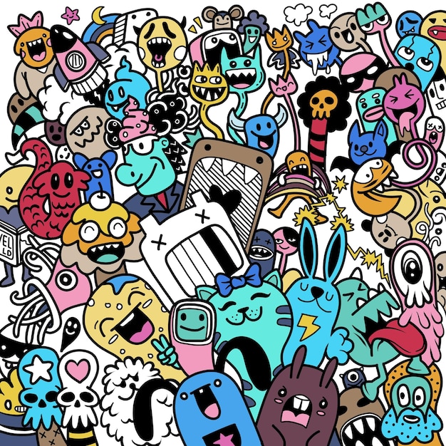 Ilustración vectorial de doodle lindo monstruo fondo dibujo a mano doodle