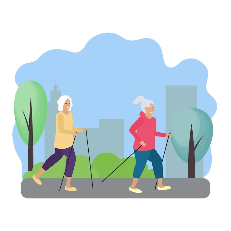 Vector ilustración vectorial con dos ancianas en un parque fuera de la ciudad que practican deportes escandinavos al menos con palos estilo de vida activo las personas mayores practican deportes