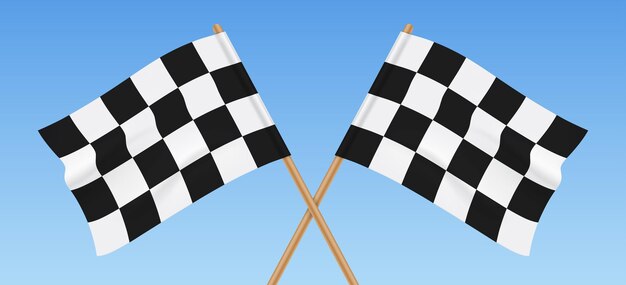 Ilustración vectorial de dos banderas a cuadros cruzadas en un fondo de cielo azul