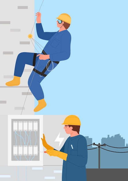 Ilustración vectorial de dos electricistas arreglando problemas eléctricos