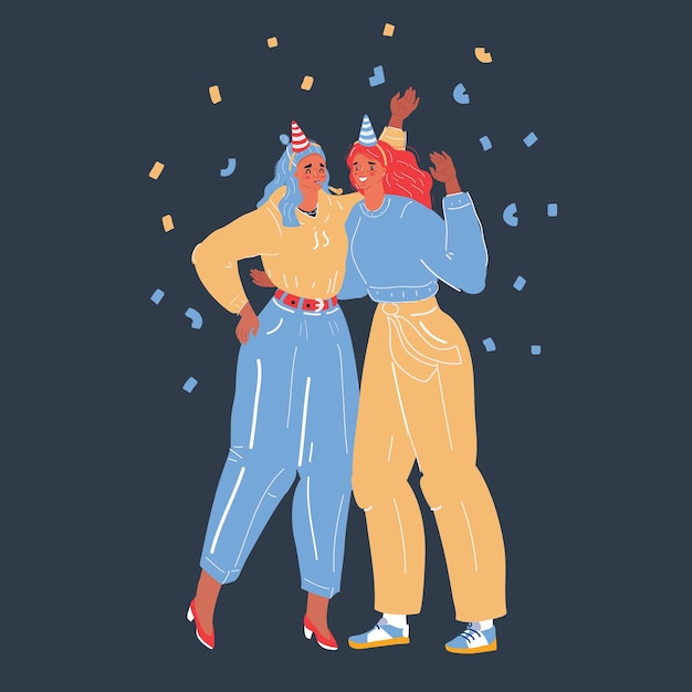 Ilustración vectorial de dos felices amigas jóvenes de pie juntas y celebrando algo en un fondo oscuro